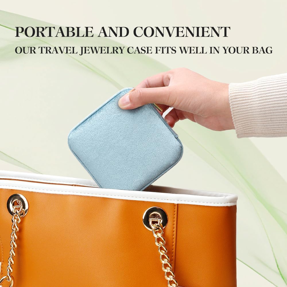 TAIMY Plush Velvet Travel Jewelry Box, Small Travel Jewelry Case, Portable Mini Jewelry Travel Organizer Boxes for Rings Earrings Necklaces Bracelets(Light Blue,No Mirror)