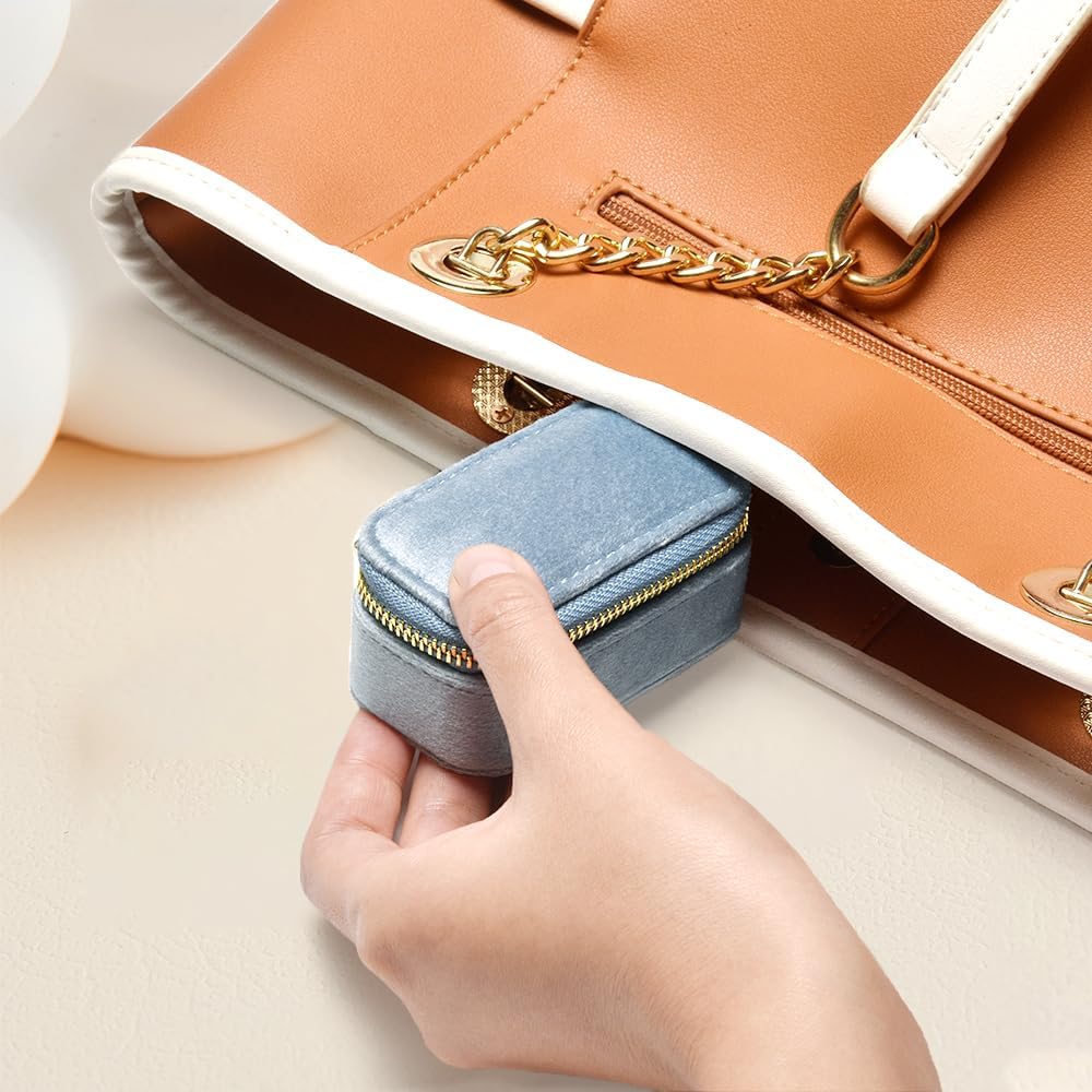 TAIMY Mini Jewelry Travel Case, Velvet Small Travel Jewelry Box, Portable Jewelry Travel Organizer Box for Rings Earrings Necklaces, Gifts for Women Girls(Blue)