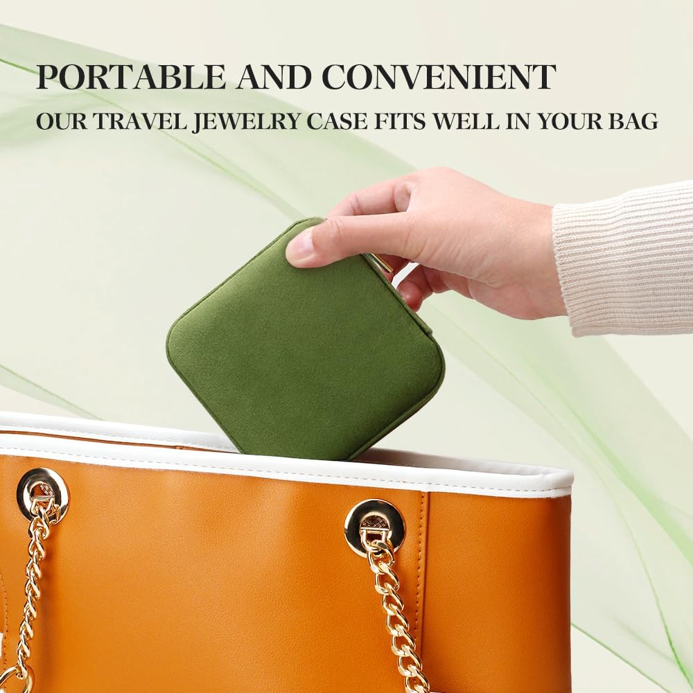 Travel Jewelry Case, Small Plush Velvet Jewelry Box for Women and Girls, Portable Jewelry holder organizer for Rings Earrings Necklaces Bracelets(Avocado Green)
