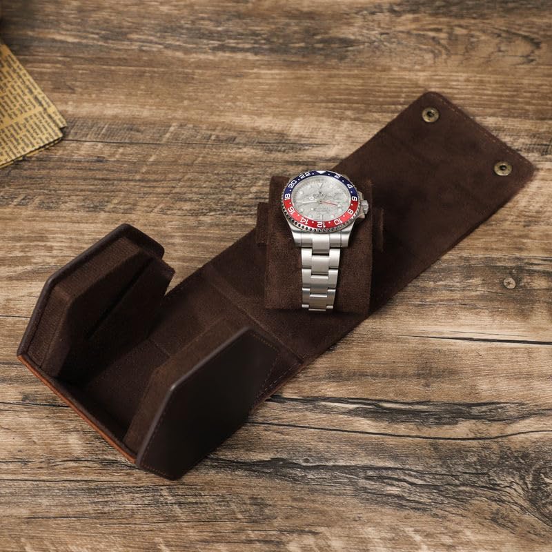 Genuine Leather Watch Roll Travel Case, Vintage Full Grain Leather Hexagon Watches Storage Organizer with Display Removable Pillows & Solid Dividers for Home Storage &Display (1 Slot)