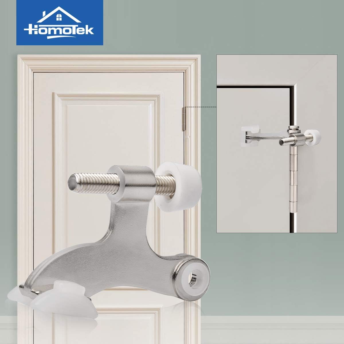 HOMOTEK 4 Pack Hinge Pin Satin Nickel Door Stopper,Adjustable Deluxe Heavy Duty Door Stopper 2-1/2"x1-3/4",with White Rubber Bumper Tips