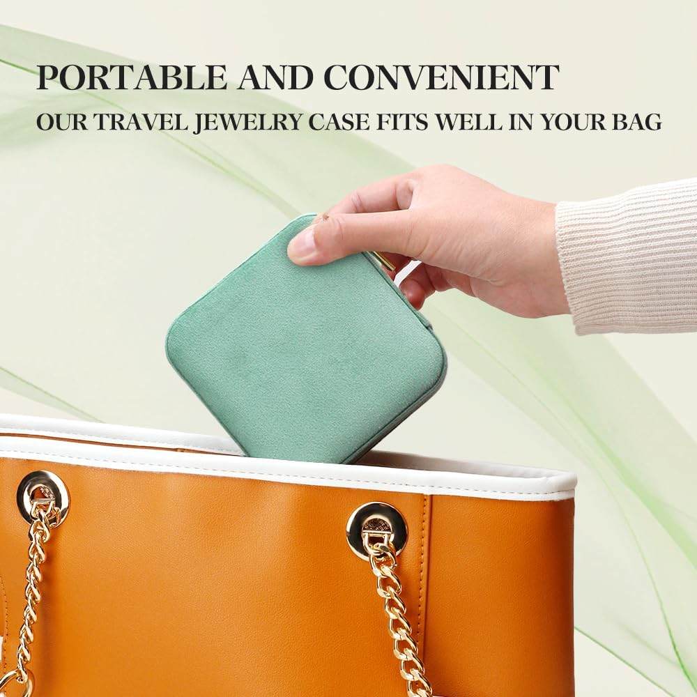 Travel Jewelry Case, Small Plush Velvet Jewelry Box for Women and Girls, Portable Jewelry holder organizer for Rings Earrings Necklaces Bracelets(Mint)