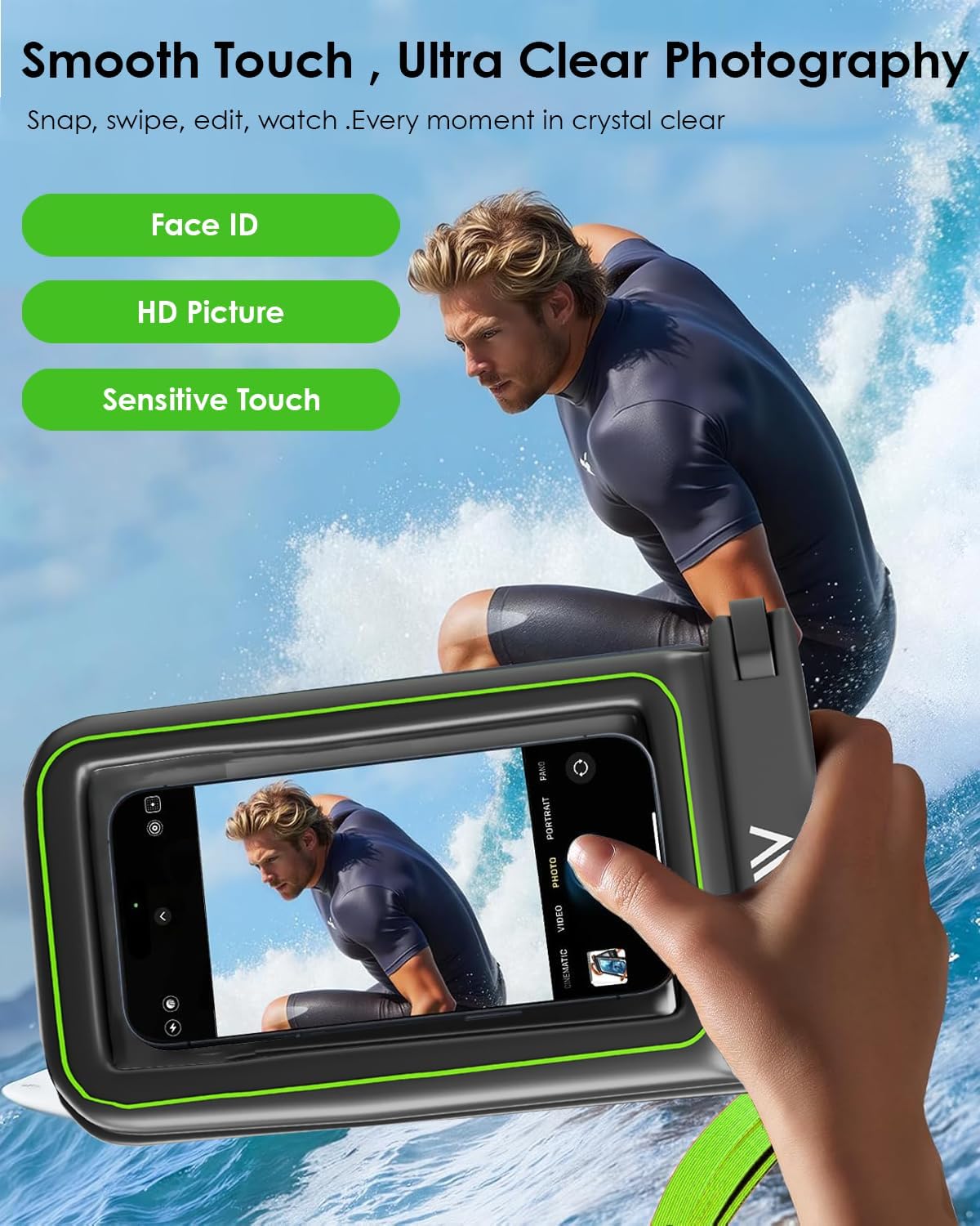 【2025 Upgraded】 4 Pack Black - IP68 Waterproof Phone Pouch Floating Design No Sink Waterproof Phone Case - Beach Pool Travel Essentials - Works w/All Phones - Detachable Lanyard - Black/Hi-Vis Green