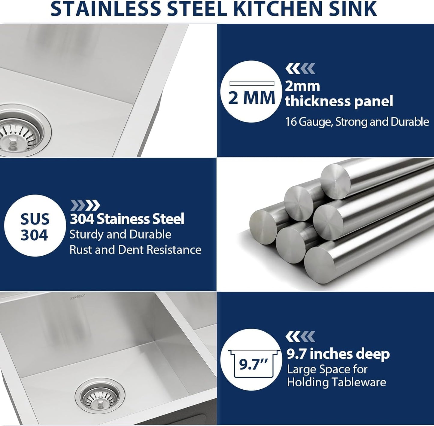 Lordear 36 Inch Undermount Kitchen Sink Double Bowl Stainless Steel Kitchen Sinks 50/50 Low Divided 16 Gauge Undermount Sink 36x19x10 Inch Handmade