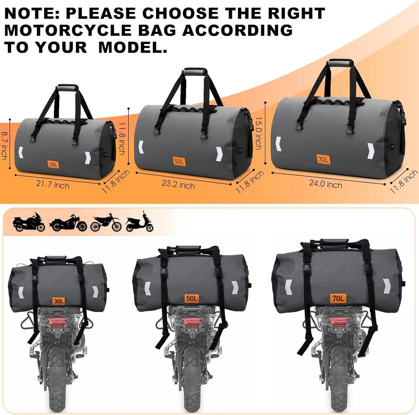 Waterproof Duffel Bag, 70L Roll-top Motorcycle Dry Bag with Air Valve & Quick-fixed Straps, Travel Duffle Bags for Kayaking Paddle Boarding Rafting Boating Camping Riding Fishing - Grey