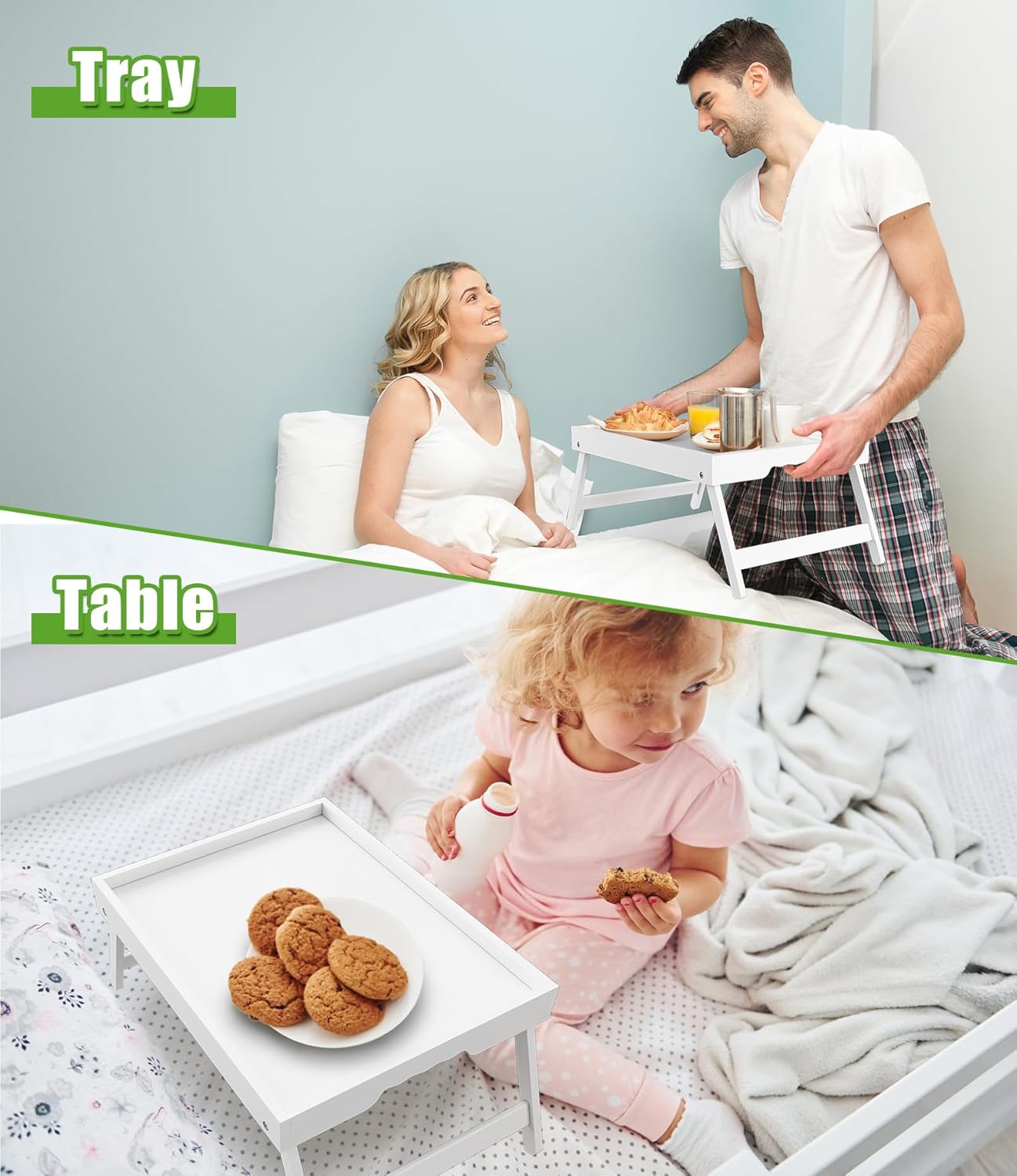 Bed Tray Table with Folding Legs,Bamboo Breakfast in Bed for TV Table,Tray,Eating,Snack Tray,Laptop Computer (White, Medium)