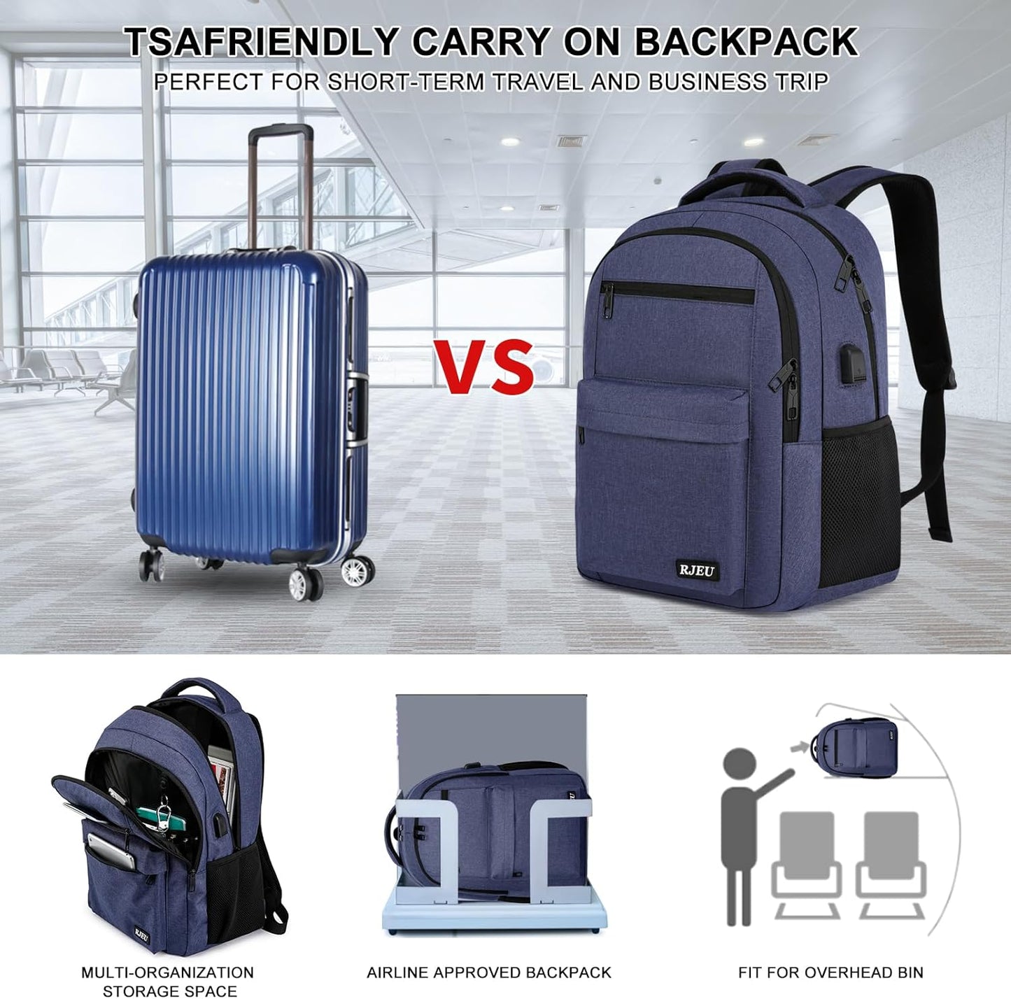 Laptop Backpack for Men Teens Boys, Water-Resistant 15.6 Inch College Bookbag with USB Charging Port, School Backpack for Students, Blue