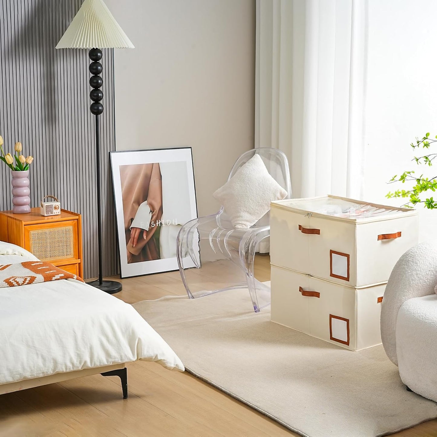 Shoe Organizer for Closet Fit 24 Pairs, Large Foldable Shoe Storage Containers Box Bin w/Adjustable Dividers and Clear Cover, Space Saving Shoe Storage Organizer Box, Beige