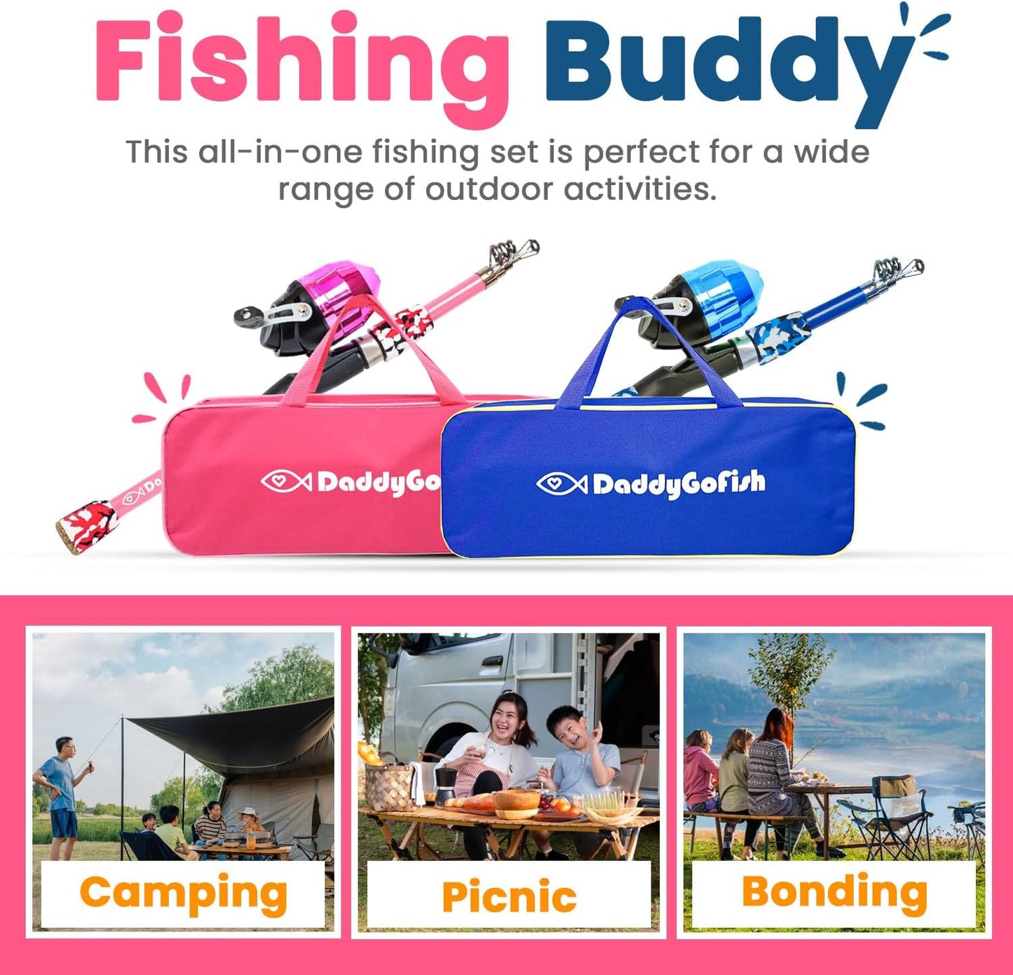 DaddyGoFish Kids Fishing Pole - Rod Reel Combo Tackle Box Starter Set - First Year Small Gear Kit for Boys Girls Toddler Youth Age Beginner Little Children