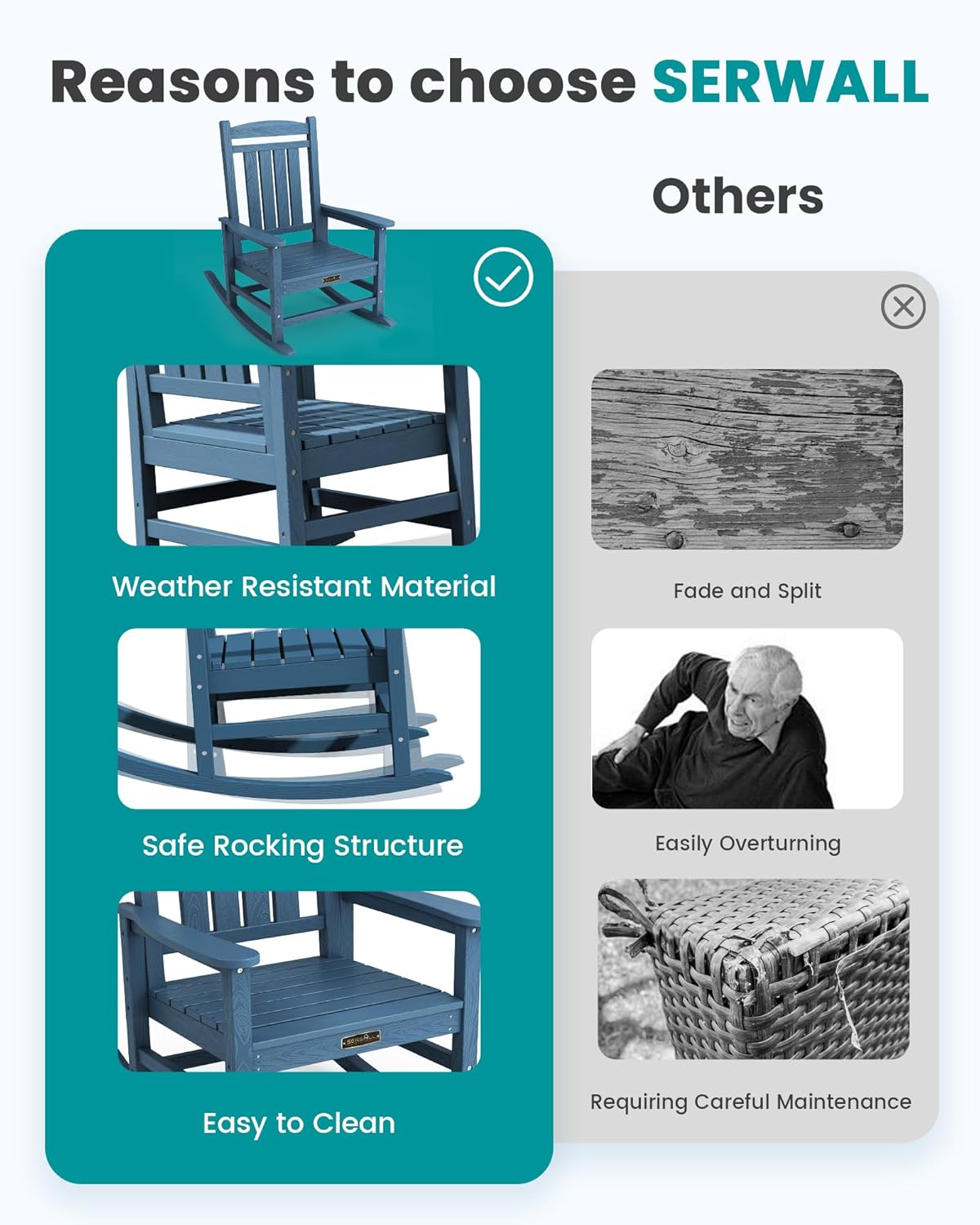 SERWALL Outdoor Rocking Chair Set of 2, HDPE Patio Rocking Chair All-Weather Porch Rocker for Balcony, Yard, Blue