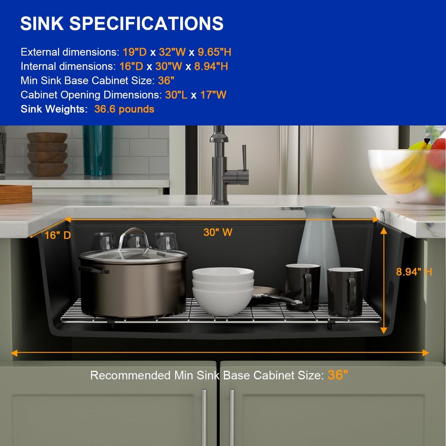 Dcolora 32 inches Granite Composite Kitchen Sink Workstation Black Undermount Single Bowl Large Kitchen Sink 32"W x 19"D x 10"H, DC-GU7741