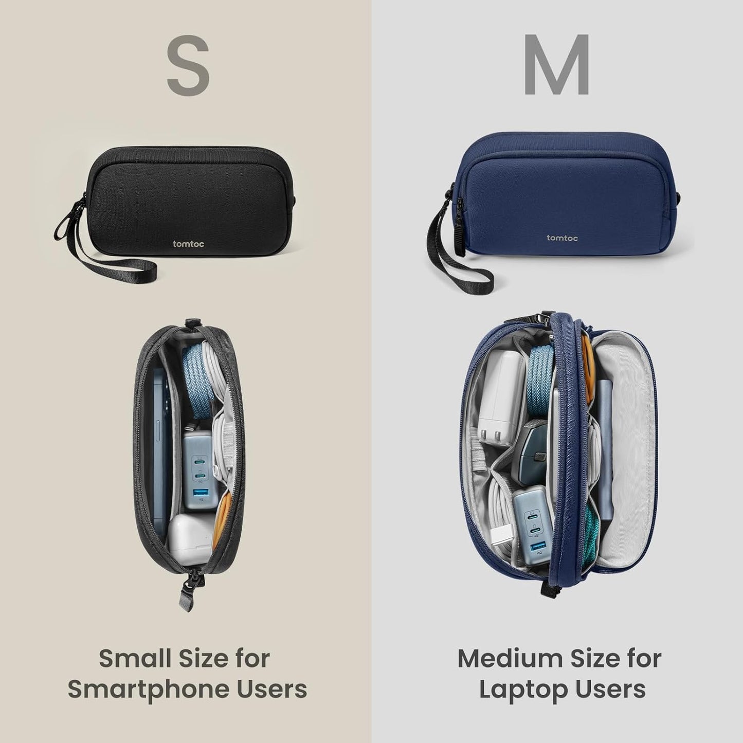 tomtoc Electronic Organizer Travel Case, Water Resistant Dual Compartment Tech Pouch Cable Organization Storage Bag for Charger, Cord, Phone, Hard Drive, Power Bank, Accessories Travel Essentials