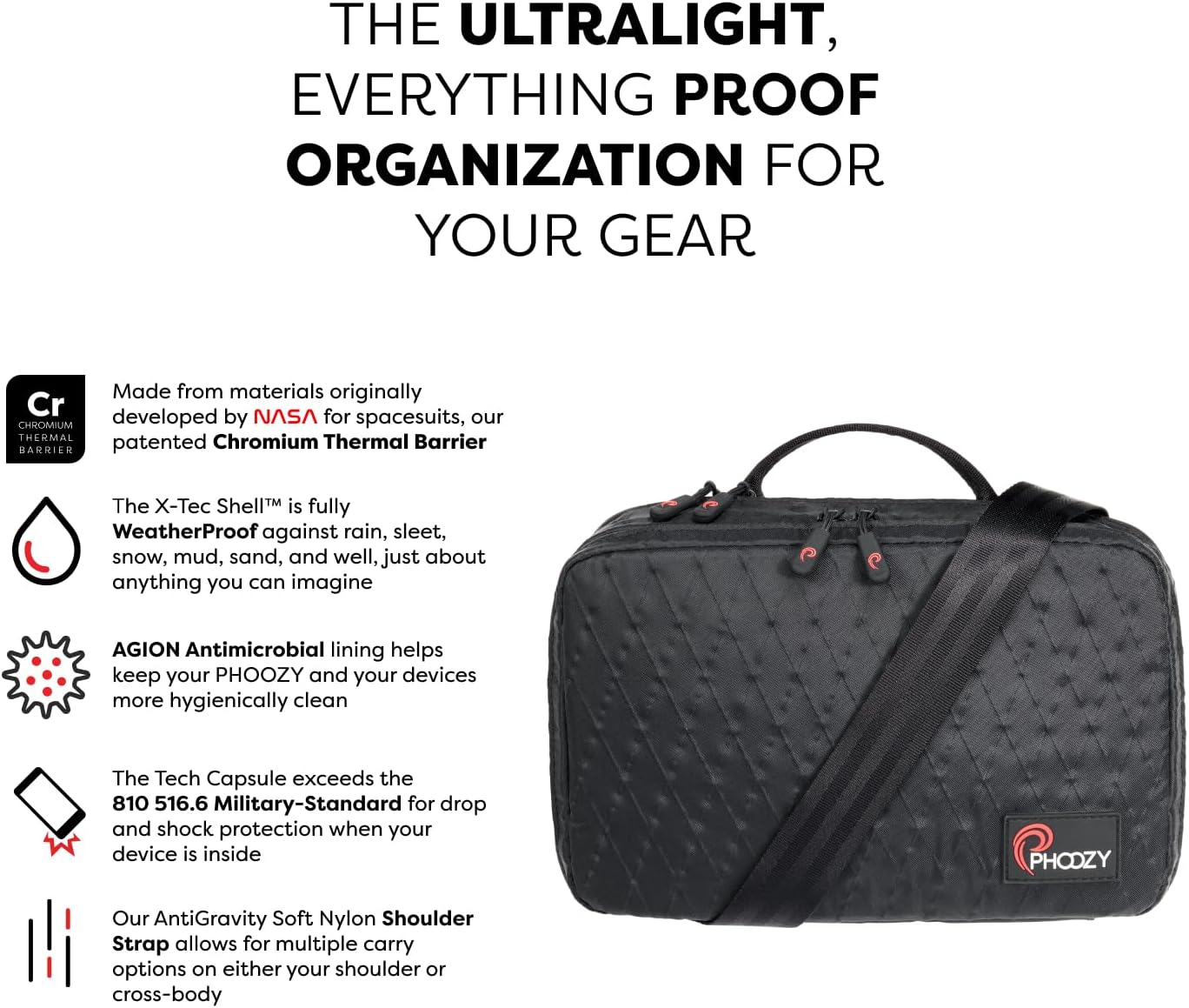 PHOOZY Premium Tech Bag & Cable Organizer Bag for Travel Accessories | Warm Weather Protection for Your Travel Essentials | Drop-Proof & Weatherproof with Skid Pad for Grip & Durability (BLACK)