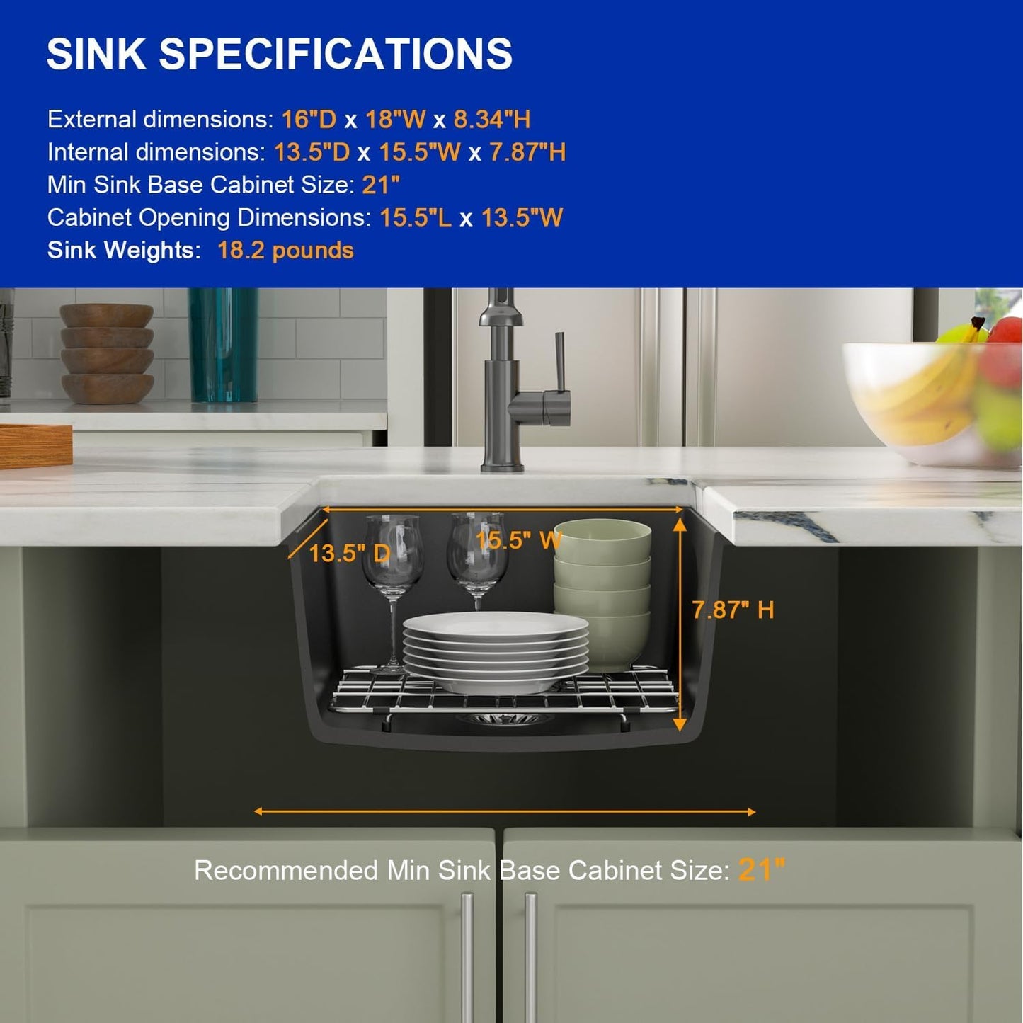 Dcolora 18 Inch Quartz Composite Black Wet Bar Sink Undermount Small Prep Granite Composite Kitchen Sink RV Single Bowl Under Counter, 18"x 16", DC-GU7746