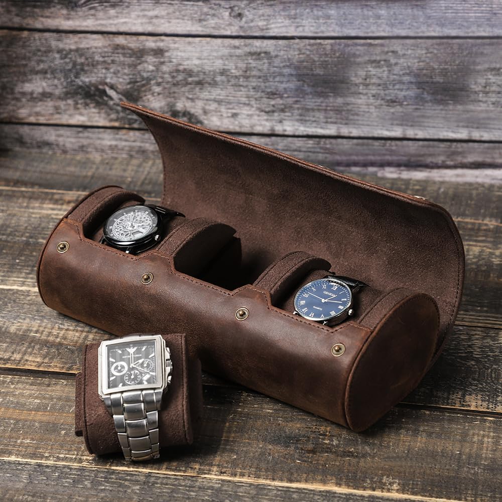 Genuine Leather Watch Roll Travel Case,3 Slots Vintage Full Grain Leather Watch Box with Pillow for Men,Watch Storage Organizer for Home Storage,Anniversary Birthday Christmas Gift