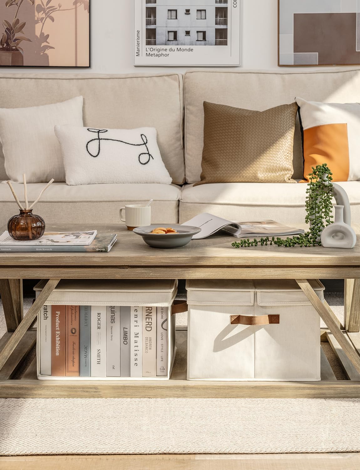 StorageWorks Storage Bins with Lid and Clear Window, Fabric Storage Boxes with Lids, Stackable Basket for Shelves, Closet Organizer and Storage Bins, Beige, Jumbo, 4-Pack