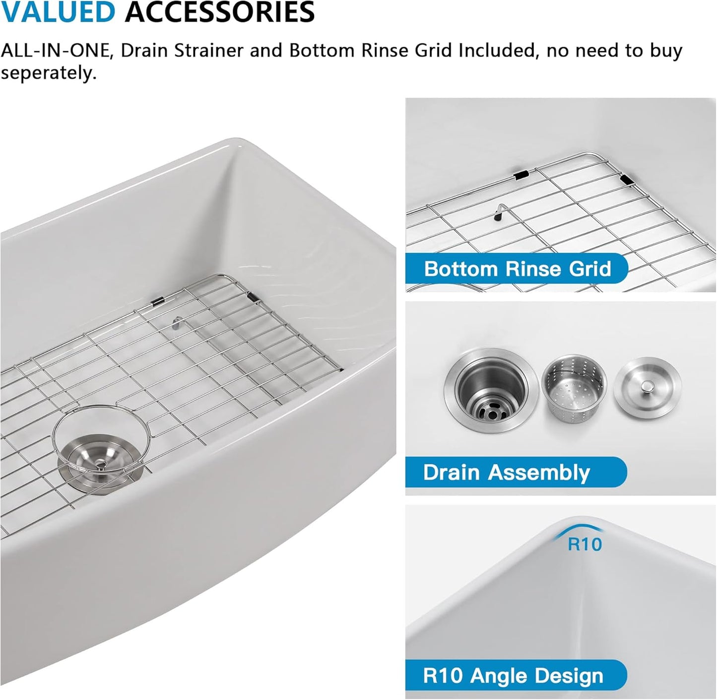 33 White Farm Sink - Fulorni 33"x20" Curved Apron Front Farmhouse Kitchen Sink Ceramic Porcelain Fireclay Single Bowl Farmer Style Basin