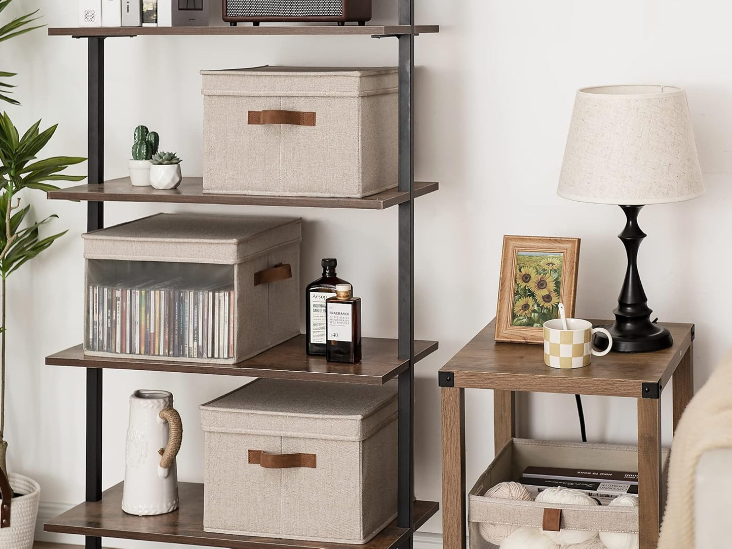 StorageWorks Storage Bins with Lid and Clear Window, Fabric Storage Boxes with Lids, Stackable Basket for Shelves, Closet Organizer and Storage Bins, Brown and Beige, Large, 4-Pack