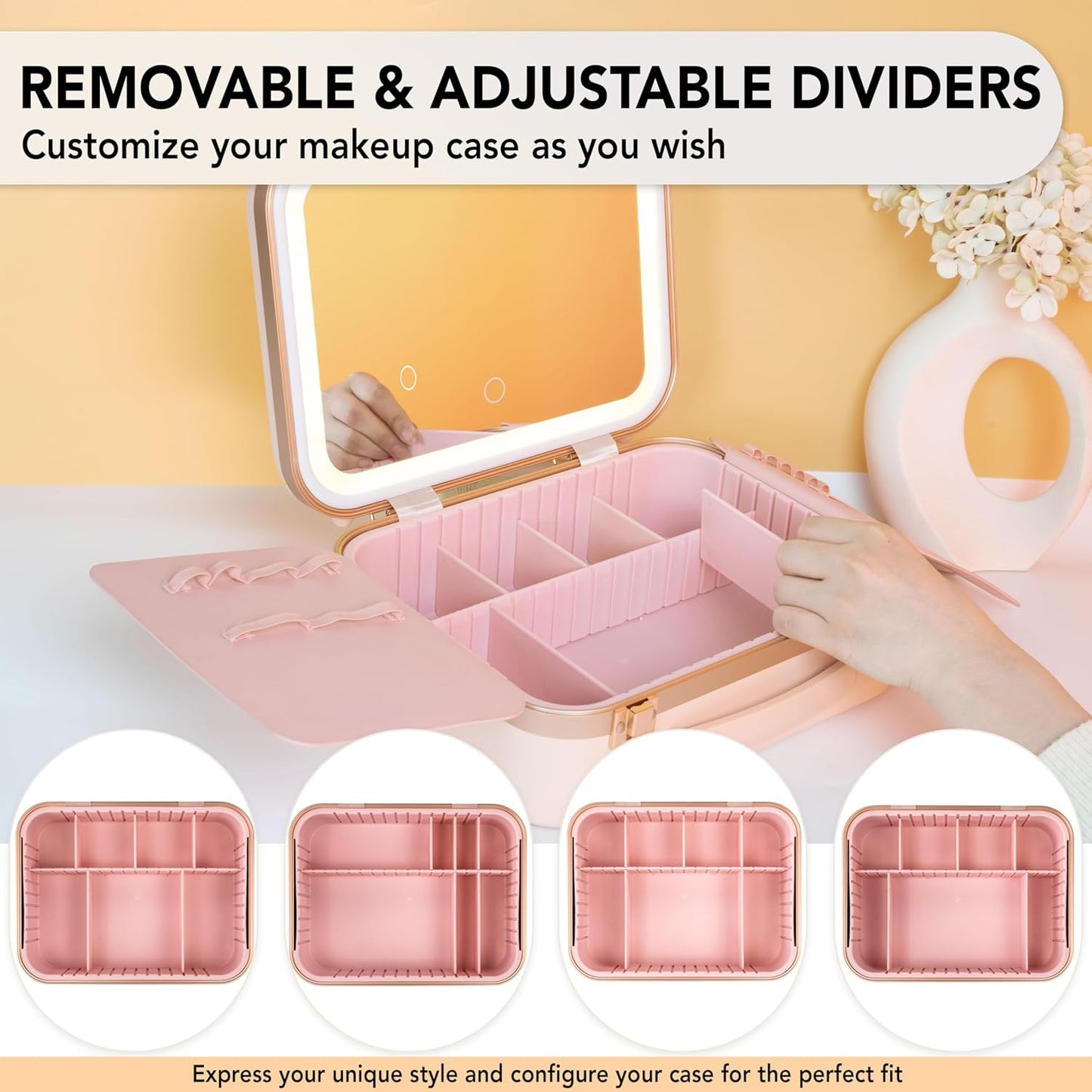 Lighted Makeup Case with Mirror - Standard Size 11.4" x 9" - Travel Makeup Case With Mirror - Rechargeable LED Travel Vanity Case with Adjustable Brightness - Train Case Makeup Bag - Pink