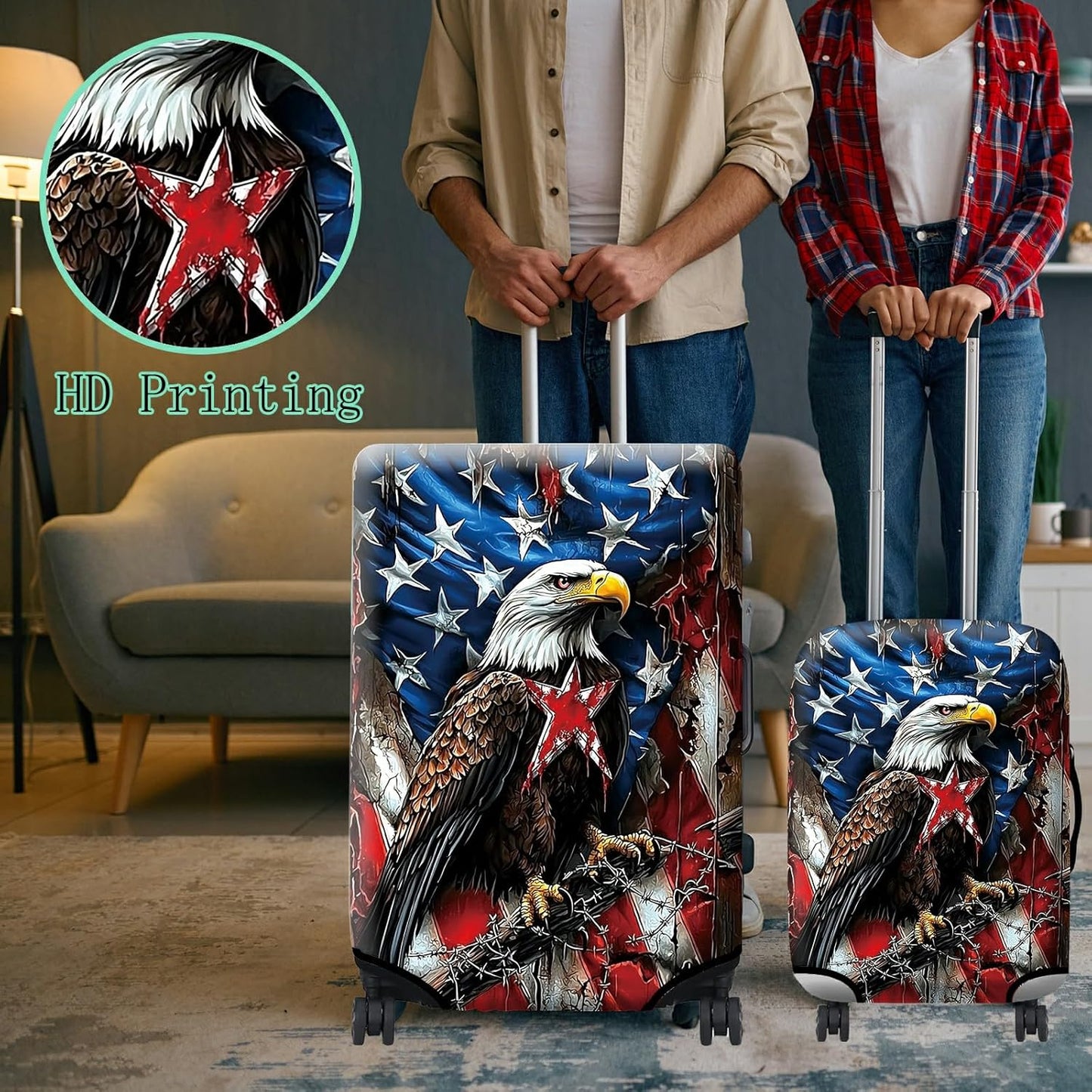 Luggage Cover + Tag, Eagle American Flag Travel Suitcase Protector for 18-20 inch Luggage (S) with Concealed Zipper, Washable Elastic Cloth, Dustproof, Anti-Scratch
