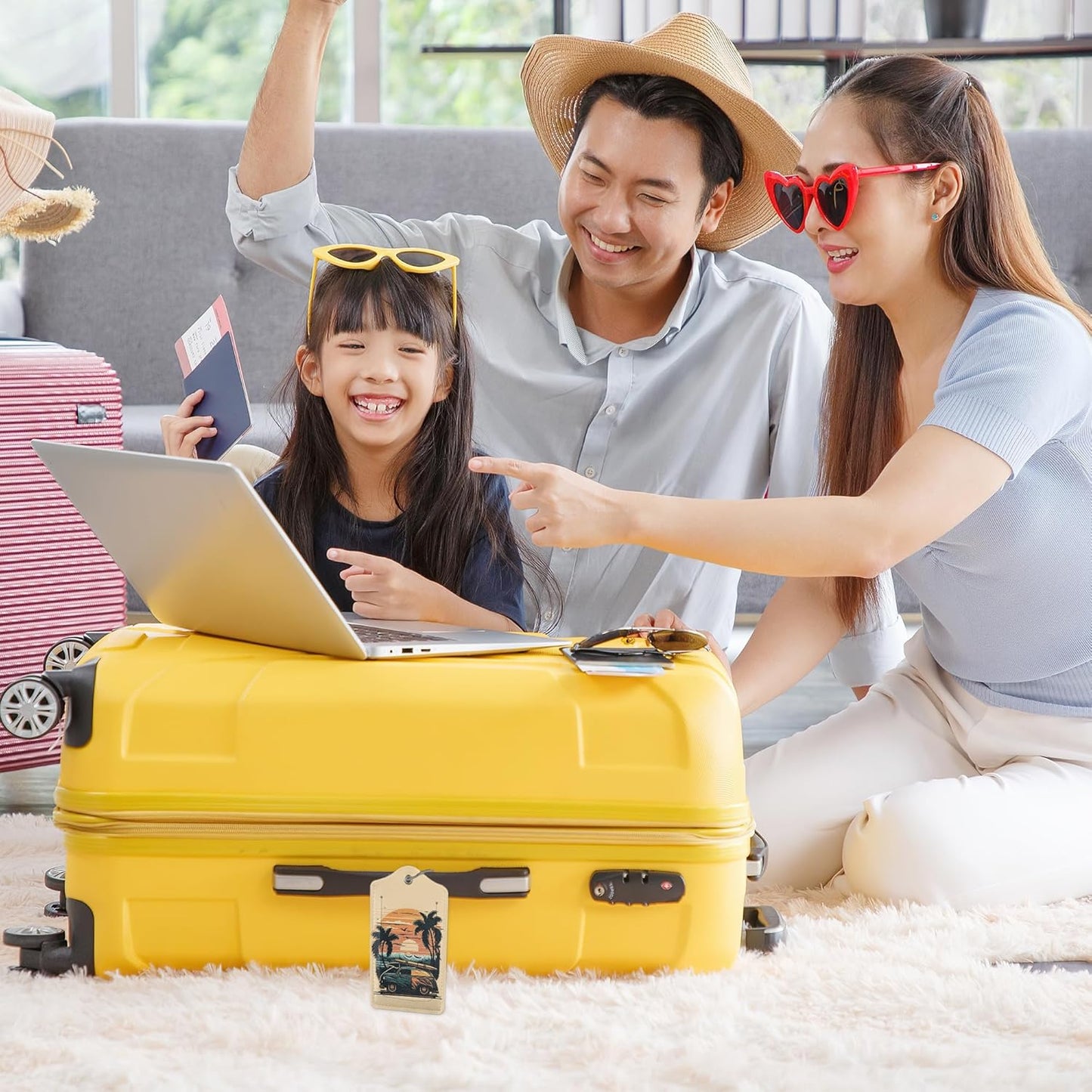 Car Palm Tree and Sunset On The Ocean 2 PCS Luggage Tags, Privacy Cover ID Label with Stainless Steel Loop and Address Card for Travel Bag Suitcase