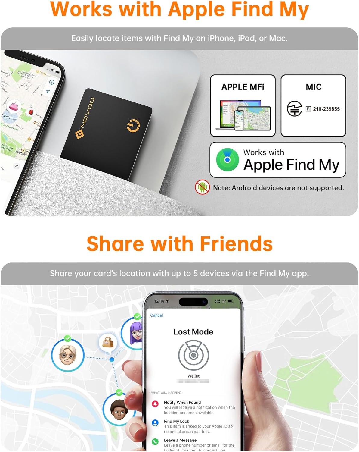 NOVOO Air Locator Tag (iOS Only) Wallet Tracker Card with Apple Find My, Smart Card Bluetooth Tracker, 6 Years Battery, IP68 Waterproof, Keys Finder and Item Locator for Keys, Bags, Passport(BK)
