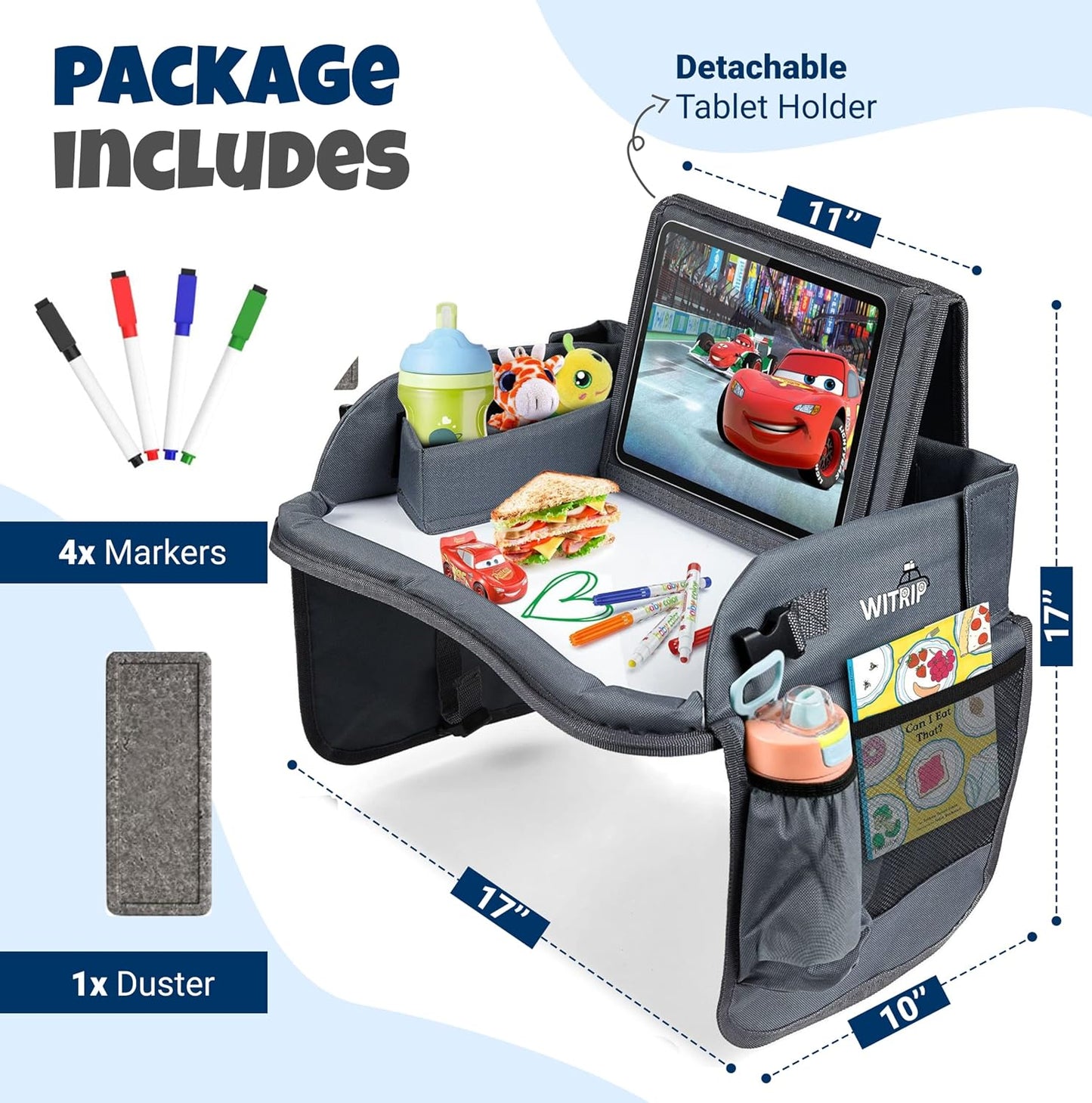 Kids Travel Tray with Dry Erase Board, Travel Tray for Kids Car Seat, Carseat Table Trays for Toddler, Kid Activity Desk for Air Travel, No-Drop Tablet Holder & Borders (All Grey)