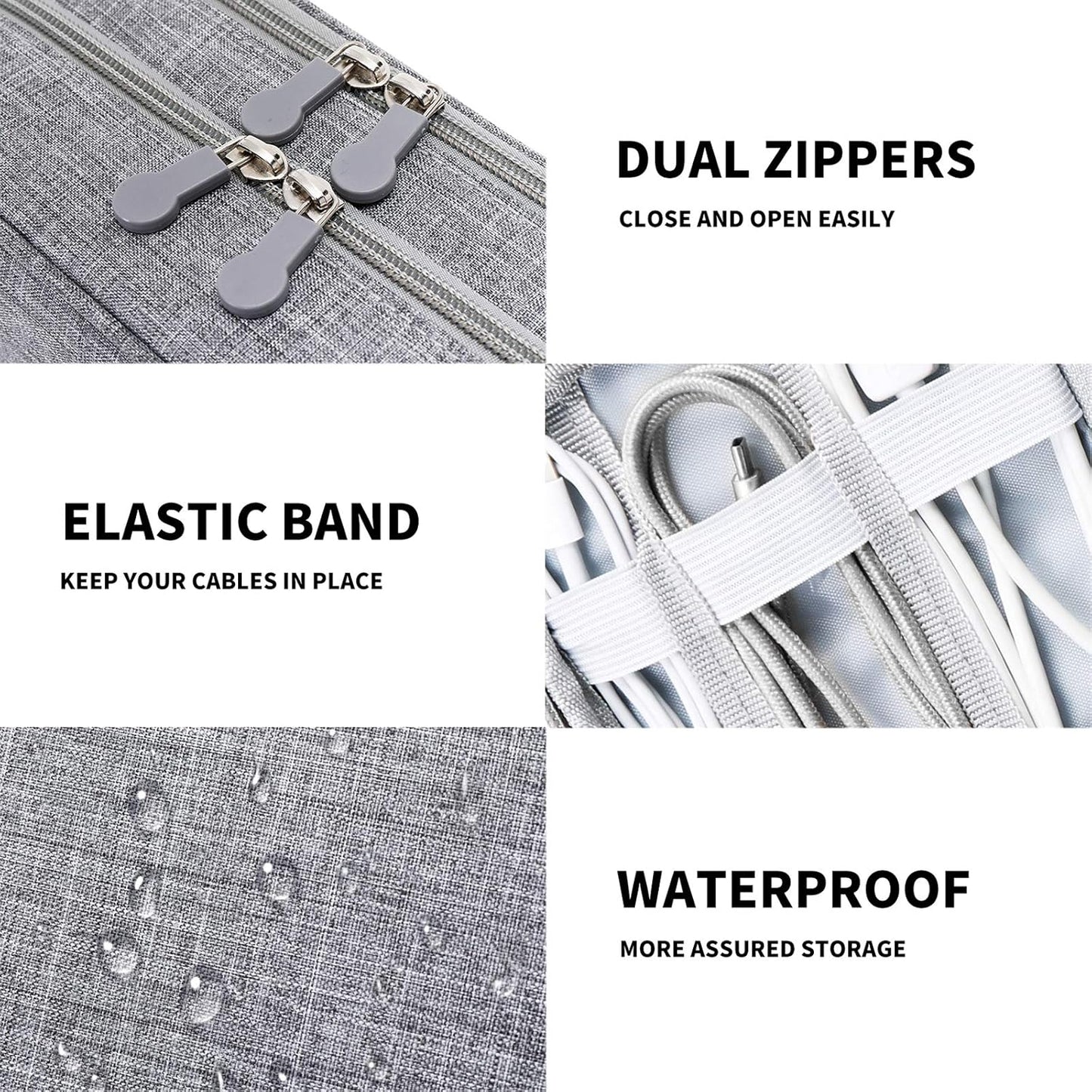 MIRLEWAIY Portable Electronics Accessories Organizer Bag Travel Charger Cable Storage Soft Case Double Layer for Hard Drives, Cord, USB, SD Cards Carrying, Grey