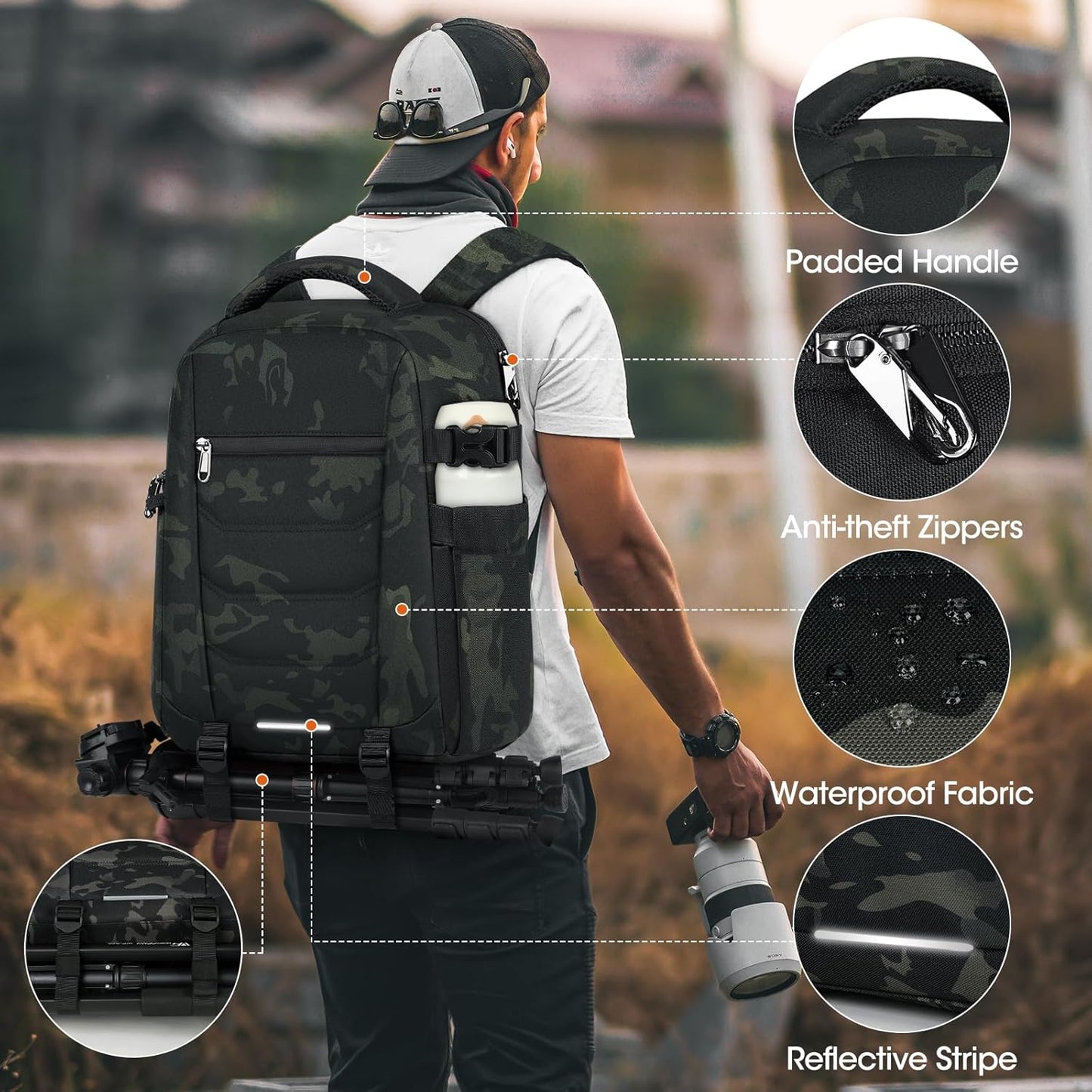 SDYSM Camera Bag Backpack Professional for DSLR SLR Mirrorless Camera Waterproof Laptop Back Pack 14 Inch with Rain Cover Anti Theft Travel Case Large Capacity Photography Backpack Camouflage