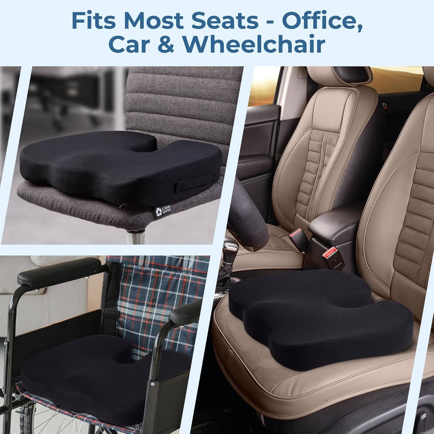 5 STARS UNITED Seat Cushion for Tailbone Pain Relief ā Memory Foam Cushion for Coccyx, Hemorrhoid, Sciatica & Post-Surgery Recovery ā Wheelchair, Car, Desk, Gaming & Office Chairs, Arctic Black