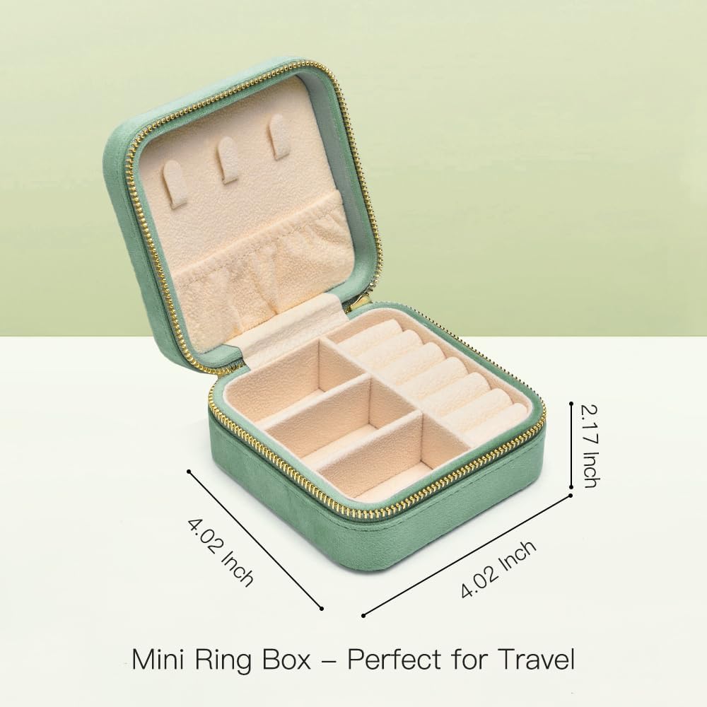 Travel Jewelry Case, Small Plush Velvet Jewelry Box for Women and Girls, Portable Jewelry holder organizer for Rings Earrings Necklaces Bracelets(Mint)