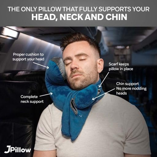 JPillow Travel Pillow for Airplanes – A Little Bulky, Expensive, and Takes a Couple of Minutes to Master, but Supports Your Head and Neck in Genuine Luxury – British Invention of The Year (Blue/Gray)