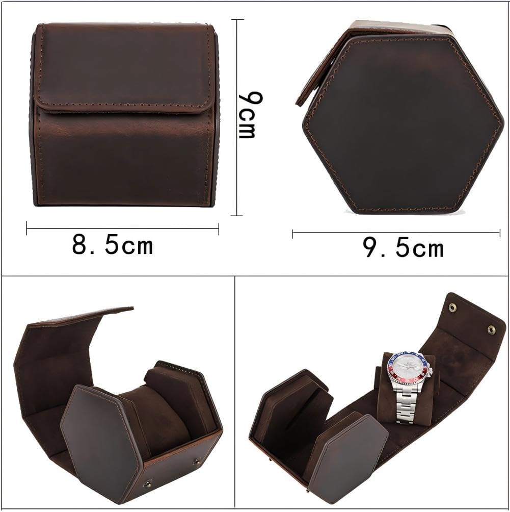 Genuine Leather Watch Roll Travel Case, Vintage Full Grain Leather Hexagon Watches Storage Organizer with Display Removable Pillows & Solid Dividers for Home Storage &Display (1 Slot)