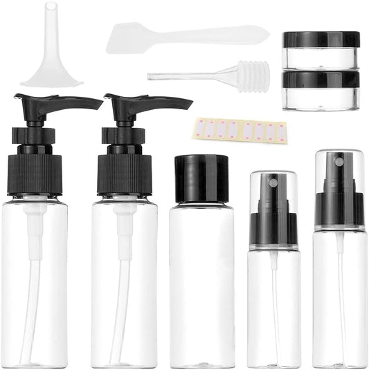 Vitog Travel Bottles Kit, TSA Approved Leak Proof Portable Toiletry Containers Set, Clear flight size PET Cosmetic Containers for Lotion, Shampoo, Cream, Soap, Set of 11 (Black+Plastic)