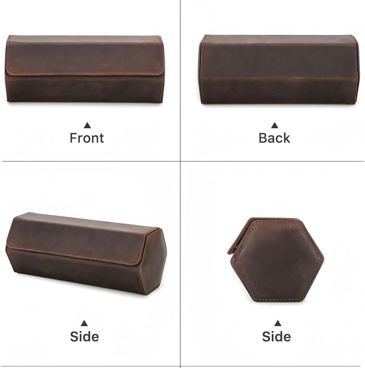 Genuine Leather Watch Roll Travel Case, Vintage Full Grain Leather Hexagon Watches Storage Organizer with Display Removable Pillows & Solid Dividers for Home Storage &Display(3 Slots)