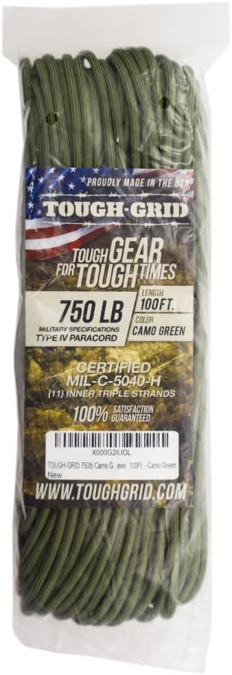 TOUGH-GRID 750 Paracord Rope Nylon Parachute Cord, Made in USA Survival Kit, Outdoor Adventures, Camping, Tactical Gear & Emergency Supplies, Military Type IV Mil-Spec