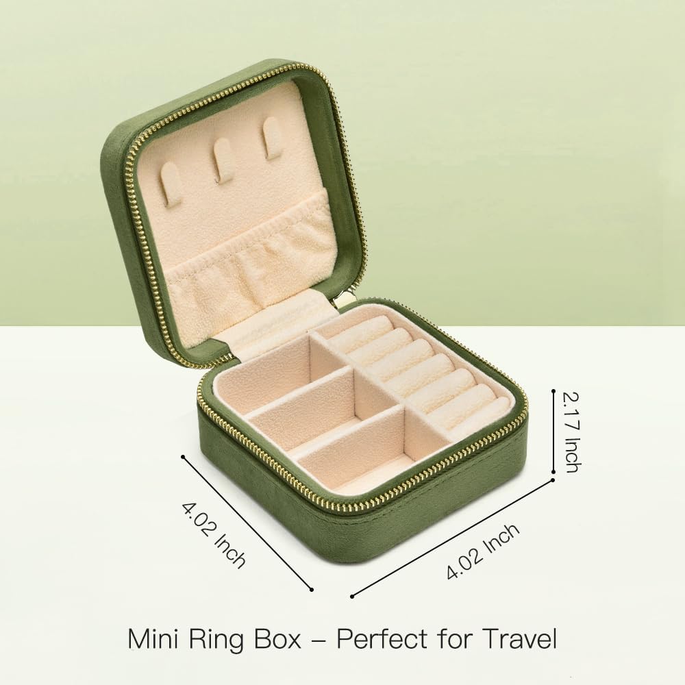 Travel Jewelry Case, Small Plush Velvet Jewelry Box for Women and Girls, Portable Jewelry holder organizer for Rings Earrings Necklaces Bracelets(Avocado Green)