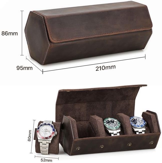 Genuine Leather Watch Roll Travel Case, Vintage Full Grain Leather Hexagon Watches Storage Organizer with Display Removable Pillows & Solid Dividers for Home Storage &Display(3 Slots)