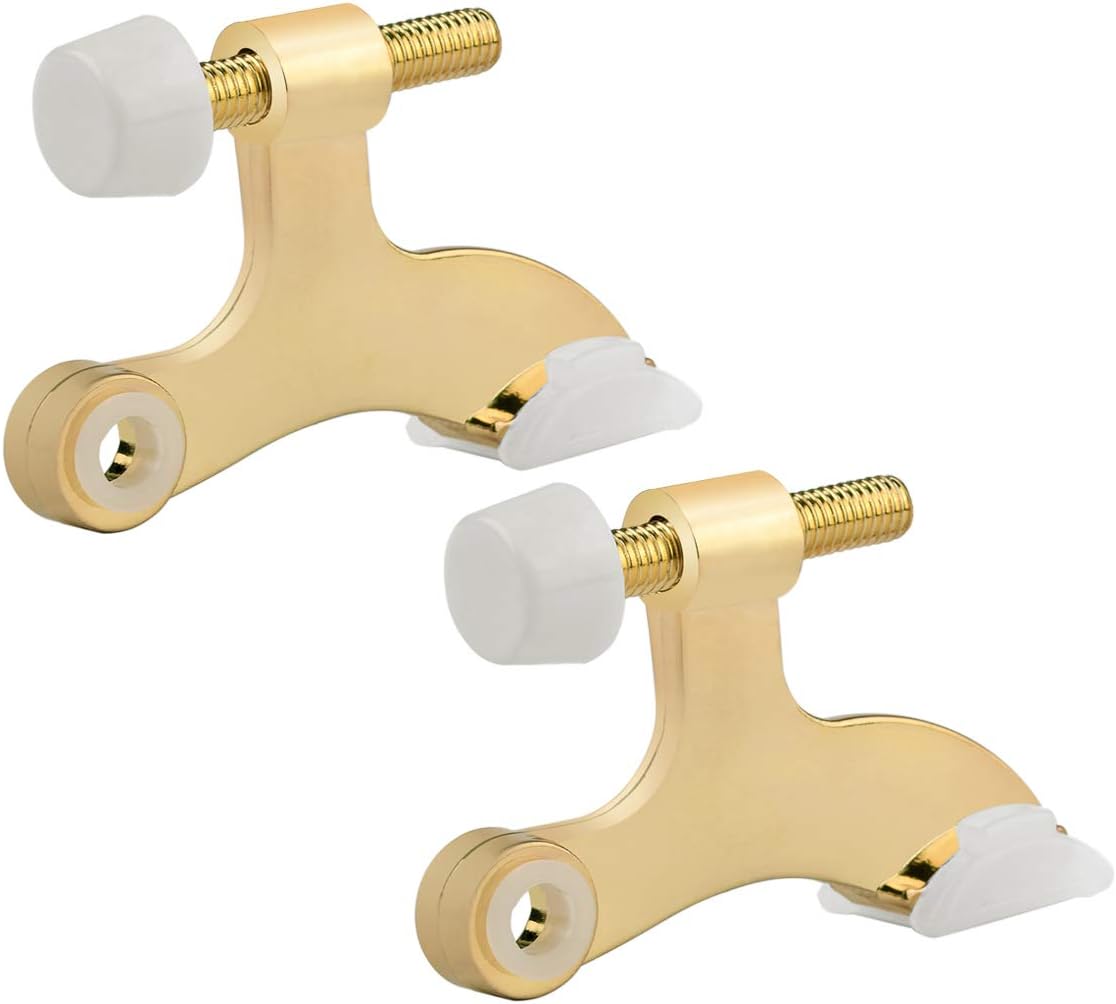 HOMOTEK 2 Pack Hinge Pin Bright Brass Door Stopper, Gold Door Stops, Adjustable Deluxe Heavy Duty Door Stopper 2-1/2"x1-3/4”,with White Rubber Bumper Tips