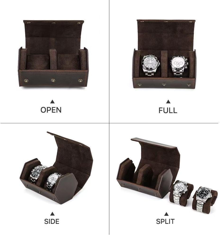 Genuine Leather Watch Roll Travel Case, Vintage Full Grain Leather Hexagon Watches Storage Organizer with Display Removable Pillows & Solid Dividers for Home Storage &Display (2 Slot)