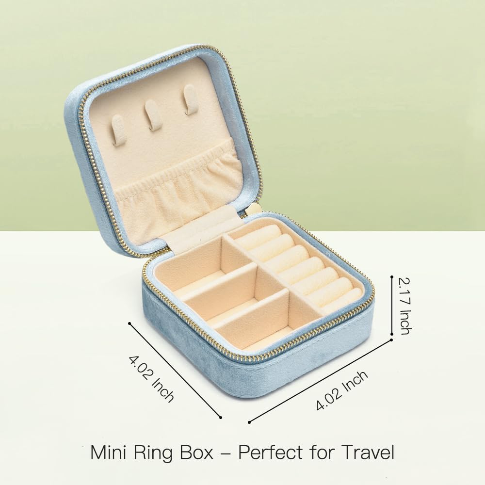 TAIMY Plush Velvet Travel Jewelry Box, Small Travel Jewelry Case, Portable Mini Jewelry Travel Organizer Boxes for Rings Earrings Necklaces Bracelets(Light Blue,No Mirror)