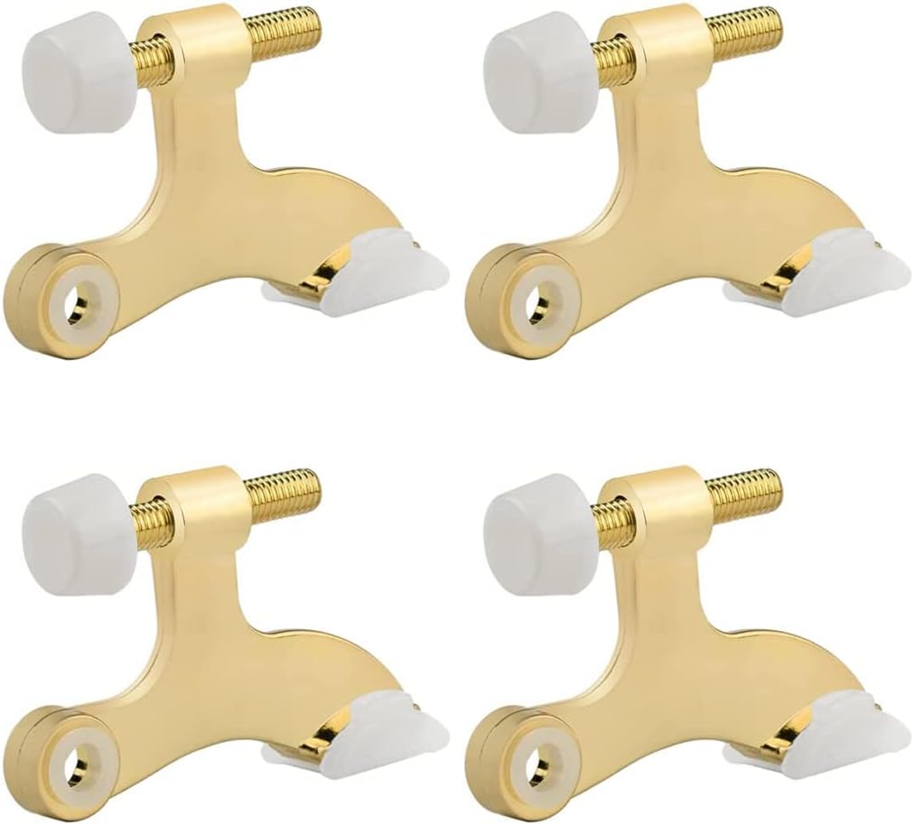 HOMOTEK 4 Pack Hinge Pin Bright Brass Door Stopper, Gold Door Stops, Adjustable Deluxe Heavy Duty Door Stopper 2-1/2"x1-3/4”,with White Rubber Bumper Tips