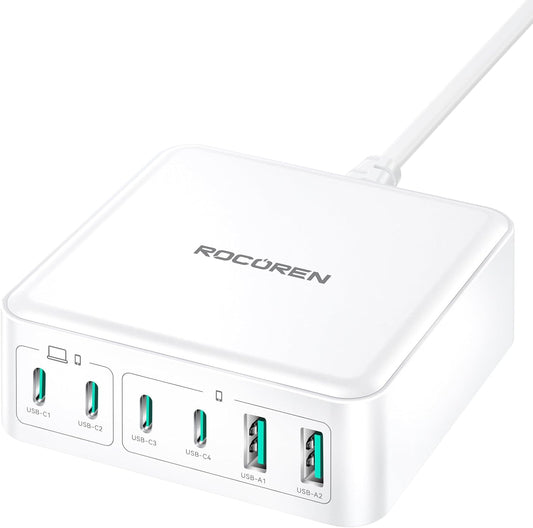 270W USB C Charger Block, Rocoren 6 Port Multi USB-C Charging Station,100W PD Fast USBC Gan Charger Station Hub Dock for Multiple Devices, Laptop Type C for MacBook/iPhone 16/iPad/Galaxy S25