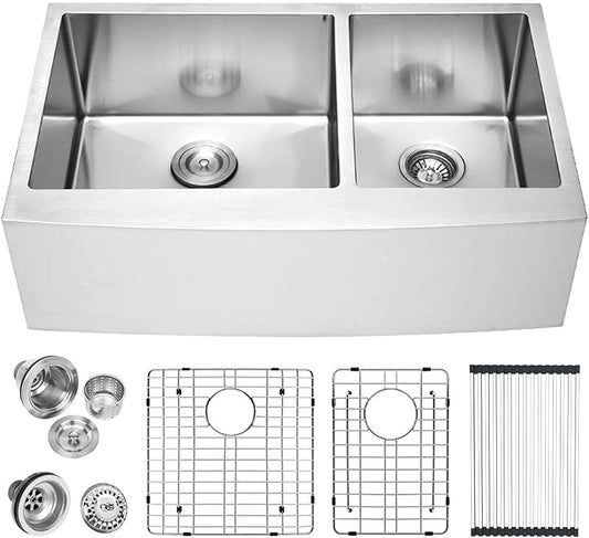 Lordear 36 Inch Double Bowl Farmhouse Kitchen Sink 36"x20-3/4"x10" Double Basin Undermount Farmhouse Kitchen Sinks 60/40 Apron Front 16 Gauge Farm Sinks
