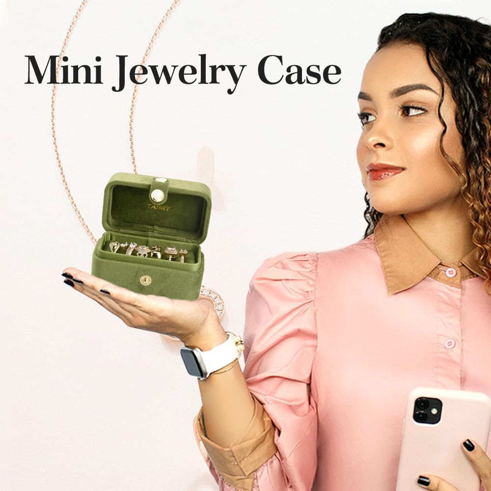 Travel Jewelry Case, Portable Pocket Size Small Plush Velvet Ring Box for Women, Mini Ring Holder and Organizer with 7 slots for purse(Avocado Green)