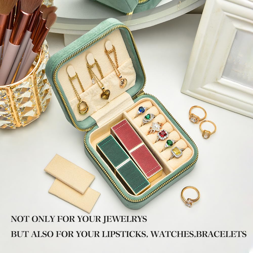 Travel Jewelry Case, Small Plush Velvet Jewelry Box for Women and Girls, Portable Jewelry holder organizer for Rings Earrings Necklaces Bracelets(Mint)