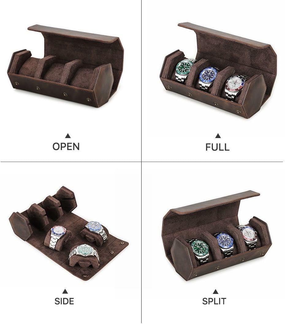 Genuine Leather Watch Roll Travel Case, Vintage Full Grain Leather Hexagon Watches Storage Organizer with Display Removable Pillows & Solid Dividers for Home Storage &Display(3 Slots)