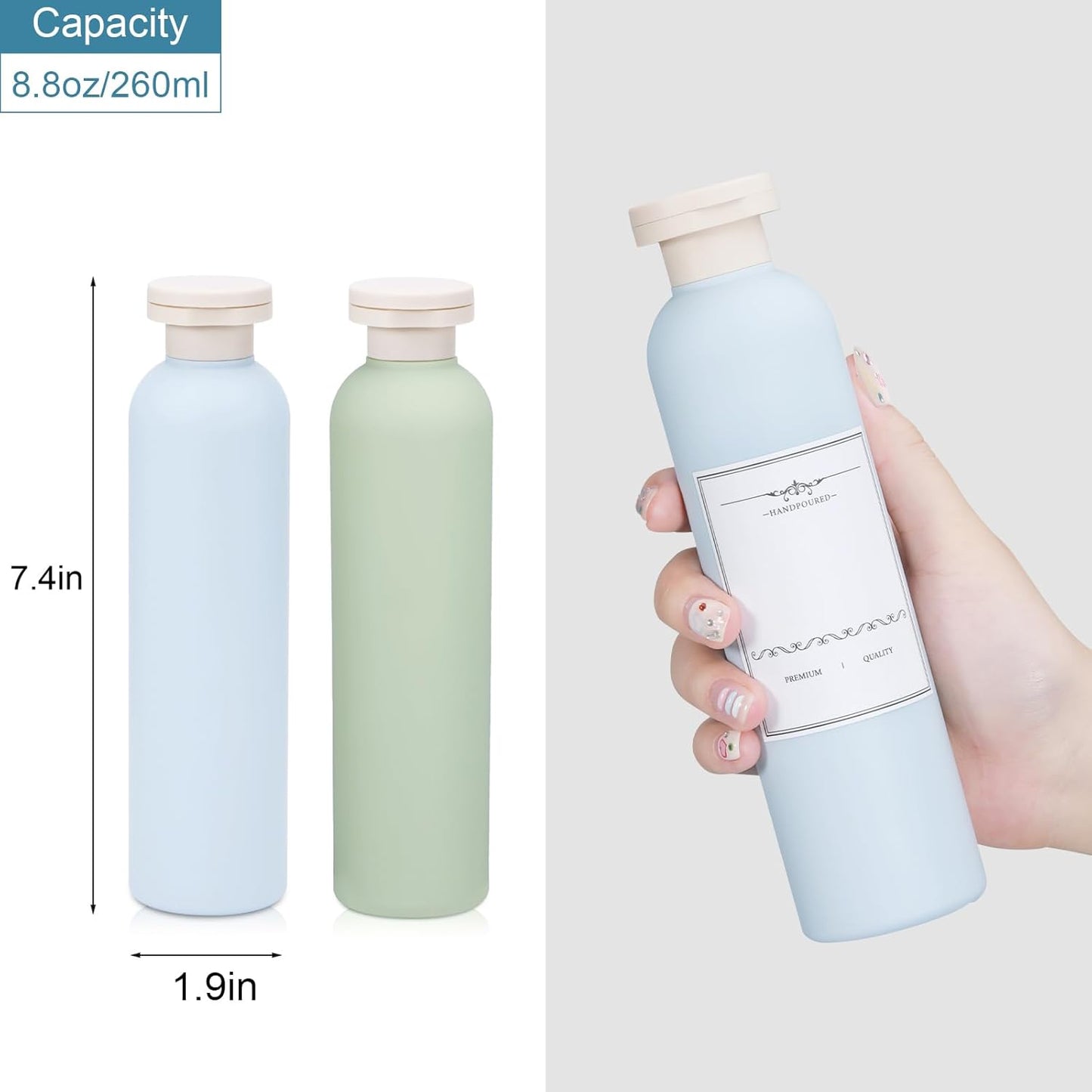 8.8 oz Plastic Travel Shampoo Bottles, Refillable Flip Cap Squeeze Bottles for Toiletries, Large Leakage-proof Travel Shampoo and Conditioner Container (Blue and Green)