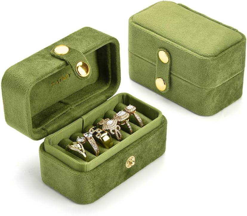 Travel Jewelry Case, Portable Pocket Size Small Plush Velvet Ring Box for Women, Mini Ring Holder and Organizer with 7 slots for purse(Avocado Green)