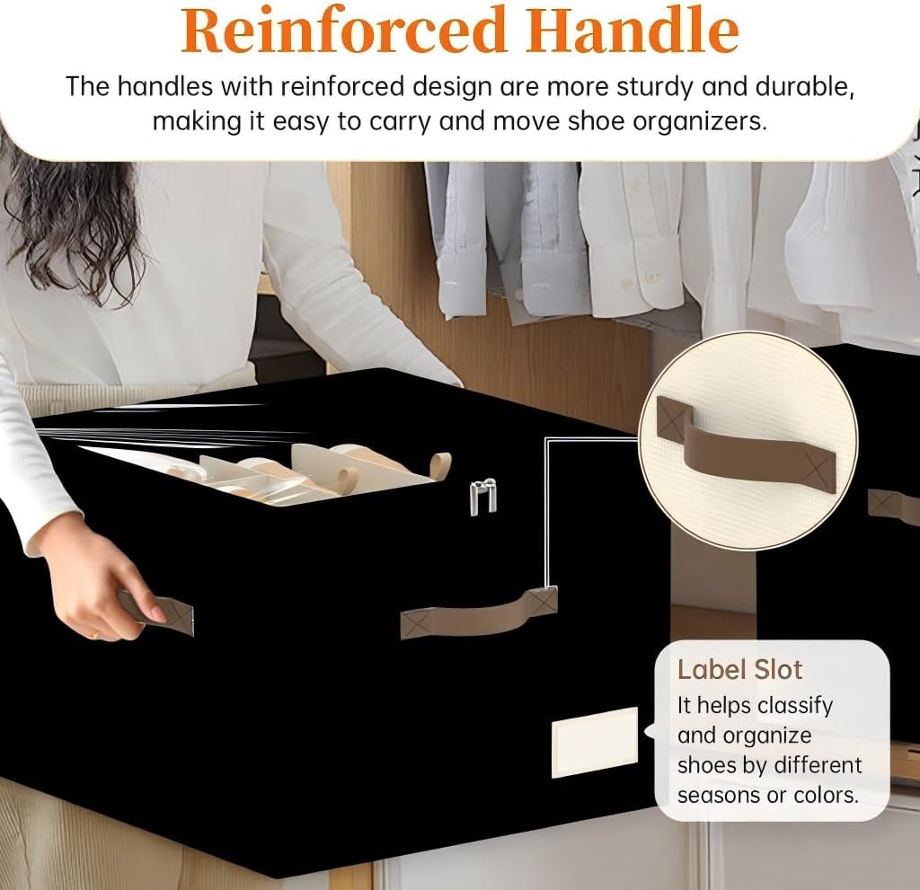 Shoe Organizer for Closet, 2 Pack Foldable Shoe Storage Containers, Fits up to 16-32 Pairs, Shoe Storage Organizer Box Cubby Baskets Bins with Clear Cover and Reinforced Handles, Black